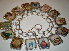 Catholic Saints Altered Art bracelet. Saints include St.Catherine of Siena, St. John the Baptist, St. Joseph, St. Michael the Archangel, St. Nicholas, St. Patrick, St. Peter, St. Therese of Liseaux, St. Thomas Aquinas, St. Francis of Assisi, St. Elizabeth Ann Seton, St. Juan