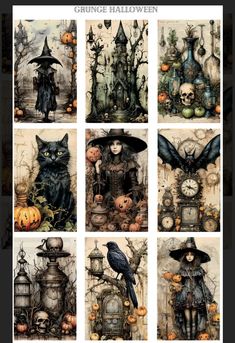 a collage of halloween pictures with black cats and pumpkins