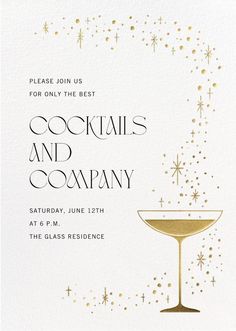 a white and gold cocktail party card with the words cocktails and company on it