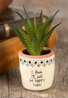 a small potted plant sitting on top of a wooden table next to a book