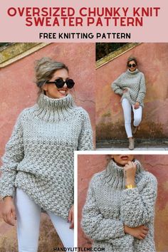 a woman wearing a chunk knit sweater and white jeans, with the text overlayed chunk knit sweater pattern