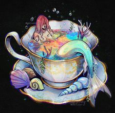 a painting of a mermaid sitting in a bathtub with bubbles and seaweed around it