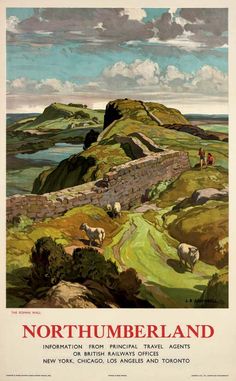 an advertisement for the northumbland railway, showing sheep grazing on grass and mountains