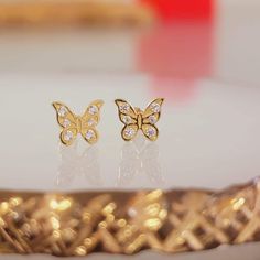 14k Solid Gold Diamond Butterfly Earrings, Small Diamond Studs, Everyday wear, Tiny Stud Earrings, Cute Stud Earrings, Gold Butterfly Stud, Mariposa  Metal: 14k Gold  Dimension: 8 x 6mm   Diamond weight: 0.09 Ct Diamond Clarity & Color : GH-SI  * Can be customized with your birthstone, just contact us or leave a message in the (Add your personalization) box. ♥ We Offer : Free US Insured Shipping!! ♥ All of our jewelry comes in a nice Jewelry Box. If you like this but want it slightly altered, ma 14k Gold Butterfly Earrings For Anniversary, Gold Dainty Hypoallergenic Diamond Earrings, Gold Hypoallergenic Dainty Diamond Earrings, 14k Gold Butterfly Earrings For Gift, Dainty Gold Hypoallergenic Diamond Earrings, Dainty Gold Diamond Hypoallergenic Earrings, Butterfly Shape Fine Jewelry Earrings For Gift, Butterfly Shaped Fine Jewelry Earrings For Gifts, Butterfly Shaped Fine Jewelry Earrings