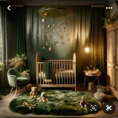 a baby's room decorated in green and gold