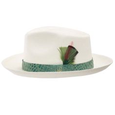 ↑ Click above to watch the video! ↑ The Portofino Enzo is a Panama hat that features an original exquisite hatband. The beautiful colorful feather compliments the leather hatband. The snap brim can be folded down or up to give a classic or modern style. This item is a genuine Panama hat handwoven in Ecuador and hand-finished in Seattle, Washington. This style is a Limited Edition. Material: 100% straw Brim: approx 2 5/8 inches crown: approx 4 1/4 inches Hatband: approx 1 inch Climate: Spring-Sum Formal Western Hat For Spring, Western Style Formal Spring Hat, Formal Western Spring Hat, Spring Formal Western Hat, Luxury Adjustable Straw Hat For Kentucky Derby, Adjustable Fur Felt Hat For Kentucky Derby, Luxury Spring Fedora Hat, Luxury Fitted Summer Fedora, Luxury Flat Brim Fedora For Spring