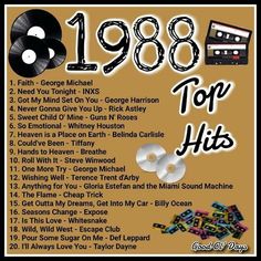 an old poster with the top hits from the'80s to'90, including various records