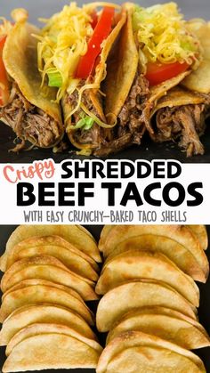 shredded beef tacos with easy crunchy - baked taco shells are ready to be eaten