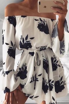 Must Have! Black White Off Shoulder Floral Print Drawstring Vacation Dress #shoes #fashions Sukienki Maksi, Floral Print Dress Summer, Summer Dresses For Women, Skater Dress, Look Fashion, Casual Dresses For Women, Cute Dresses, Spring Outfits