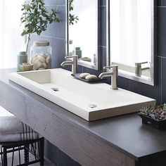 a bathroom sink sitting under a mirror next to a counter top with a plant on it