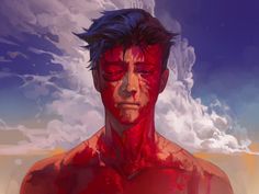 a digital painting of a man with red paint on his face and chest, staring at the camera