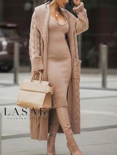 Lasaky - Urban Mid-Length Cardigan with Shawl Collar and Micro-Elastic Loose Fit Beige Dress Outfit, Knit Dress Outfit, Winter Mode Outfits, Looks Street Style, Mini Robes, Clipuri Video, Mode Inspo, Looks Chic, Knit Sweater Dress