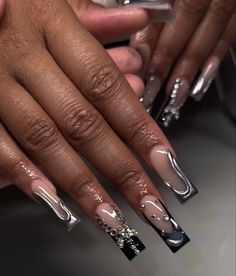 Black And Silver Baddie Nails, Black And Silver Rhinestone Nails, Silver Birthday Nails Acrylic, Black And Silver Nail Inspo Acrylic, Grey Nails Black Women, 18th Bday Nails Ideas, Dark Baddie Nails, Black And Silver Acrylics, Dark Grey Nails With Design