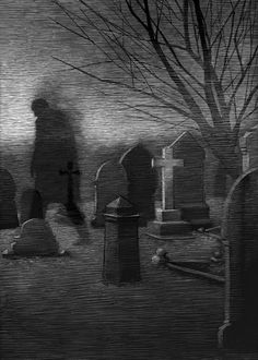 a black and white drawing of a cemetery with tombstones in the foreground at night