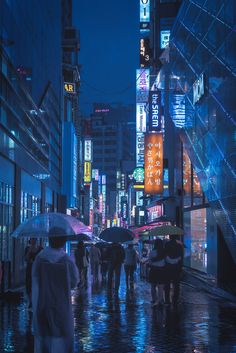 people walking in the rain with umbrellas on a city street at night under neon signs