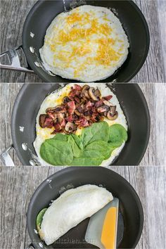 three different pans filled with food on top of a wooden table