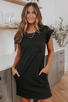 Cuffed Sleeve Black Pocket T-Shirt Dress| Casual Dresses | Magnolia Boutique Tshirt Dress Outfit, Trendy Summer Outfits, Crewneck Dress, Basic Dress, Vestido Casual, Black Shirt Dress, Pocket Dress, Chic Dress, Daily Outfits