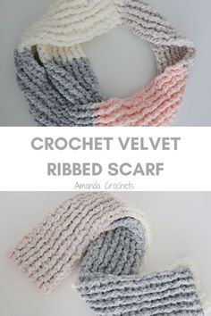 the crochet velvet ribbed scarf is shown in three different colors