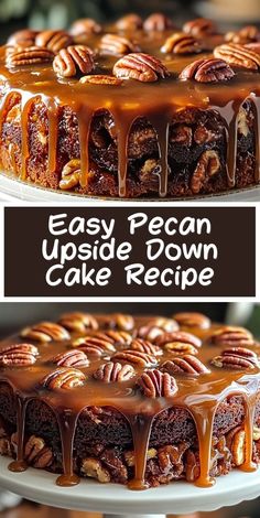 a cake with pecans on top and caramel drizzle