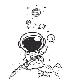 an astronaut sitting on top of a rock with the words outer space written below it