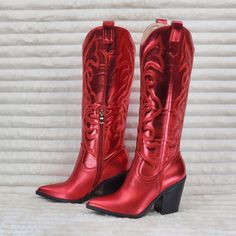 Electric Cowboy Brush Metallic Matte Western Knee High Cowgirl Boots Red | Totally Wicked Footwear Red High Ankle Mid-calf Boots For Winter, Red High Ankle Heeled Boots For Winter, Red Mid-calf Boots With Round Toe For Winter, Fall Red High Heel Mid-calf Boots, Red High Heel Mid-calf Boots For Fall, Casual Red Mid-calf Boots For Fall, Red Round Toe Mid-calf Boots For Fall, Red Winter Mid-calf Boots For Party, Red Mid-calf Boots For Winter Party