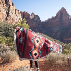 a person standing in the desert with a blanket on their back