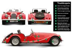 an old fashioned red sports car is shown in three different views, including the front and back