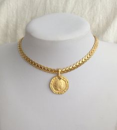 "Wide gold necklace Gold coin necklace Gold medallion necklace wide flat gold chain gold choker statement gold necklace Gold Greece coin. Napier patent gold chain, chunky choker, Gold big heart necklace. Very cool Gold wide neckline/Choker necklace! Hip Hop, Urban Fashions, Stylish style necklace Wide flat Chain width: 0.6 mm Over all Lengths as in the photos: 14\"-16\" / 36-40 cm Length can be customize. At the option menu you can choose: Which pendant from the 4 available you want on your neck Gold Vintage Choker With Clavicle Chain, Elegant Gold Coin Choker Necklace, Vintage Gold Round Choker, Gold Coin Choker Necklace Gift, Gold Coin Choker Necklace As Gift, Gold Coin Choker Necklace For Gift, Gold Coin Collar Necklace, Gold-plated Round Choker, Gold-plated Round Gold Choker