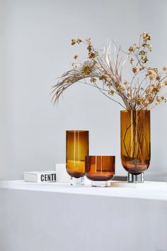 three vases with dried flowers in them on a table next to books and magazines