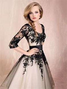 Black lace dress on light gold background Skirt Tulle, Gowns With Sleeves, Tea Length, Wedding Dress Styles, Dresses Short, Evening Dresses Prom, Looks Vintage