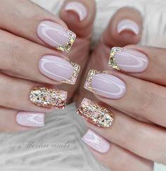 Glitter French Nails, French Tip Nail Designs, Square Nail Designs, Gold Nail, Wedding Nail, Trends 2024