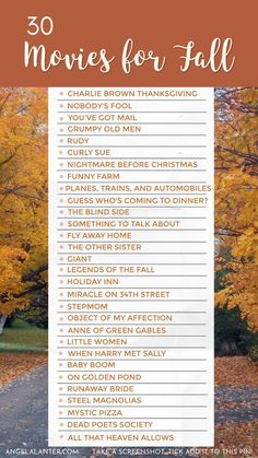 the 30 movies for fall list is shown in front of trees with leaves on it