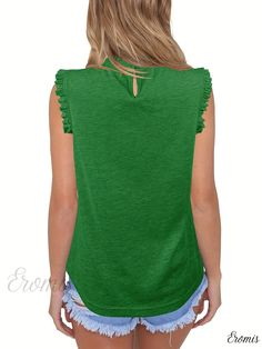 Eromis - Exquisite Pleated Crew Neck Tank Top: Chic Sleeveless Attire for Stylish Summer Looks, Womens Fashion Staples Sleeveless Solid Color Tops For Beach, Sleeveless Solid Color Beach Tops, Solid Color Sleeveless Top For Beach, Green Sleeveless Tank Top With Ruffles, Green Sleeveless Top With Ruffles, Fashion Staples, Summer Looks, Knit Fabric, Tank Top