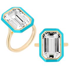 This is a unique combination of Rock Crystal and Turquoise enamel. If you want to make a statement this is the perfect ring to do it! A 10 x 15 mm Rock Crystal Emerald cut ring in a bezel setting, with Turquoise enamel in the borders. Gemstone: 100% Earth Mined Approx. gemstone Weight: 7 Carats (Rock Crystal) Cut: Emerald Cut Metal: 18K Yellow Gold Bezel Setting Ring, Emerald Cut Ring, Turquoise Accents, Bezel Set Ring, Emerald Cut Rings, Contemporary Ring, White Agate, Discount Jewelry, Modern Ring