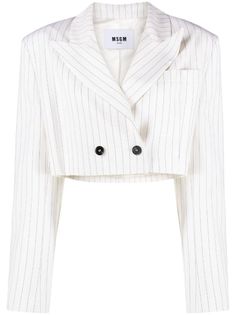 MSGM pinstripe-pattern Cropped Blazer - Farfetch White Tailored Cropped Blazer, White Cropped Formal Outerwear, White Cropped Outerwear For Formal Occasions, Formal White Cropped Outerwear, White Cropped Blazer For Office, Tailored Cropped White Outerwear, White Tailored Cropped Outerwear, Pinstripe Pattern, Blazer White