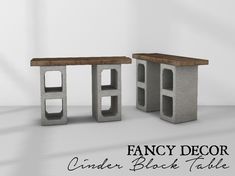 two tables made out of concrete blocks with the words fancy decor on them in black and white