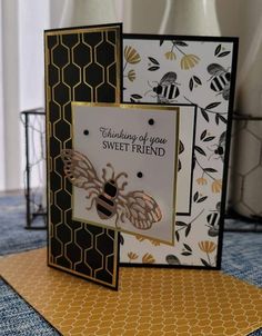 two cards that are sitting on top of each other, one has a bee and the other has a thank you sweet friend