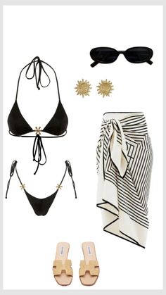 Beach Outfits Swimsuit, Vacation Polyvore Outfits, Holiday Outfits Summer Beach Bikinis, European Summer Bikinis Outfits, Black And Gold Beach Outfit, Europe Aesthetic Bikinis, Sim4 Swimsuit, Cabo Spring Break Outfit, Black Bathing Suits Baddie Outfits