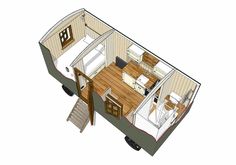 the tiny house is made out of wood and has an open floor plan with a loft