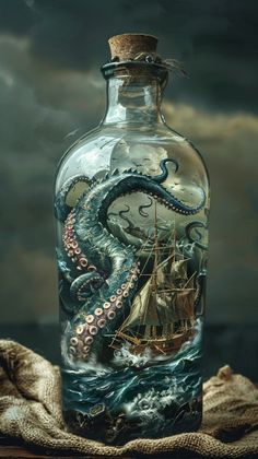 an octopus and ship in a glass bottle on a table with a cloth under it