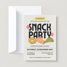 a card with the words snack party on it