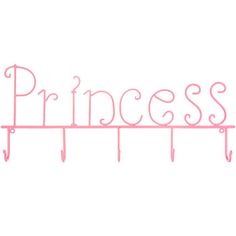 a pink metal wall mounted hook with the word princess written in cursive writing