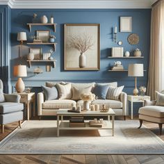 a living room with blue walls and furniture