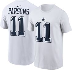 Fit Standard fit, short-sleeve tee Durable, ribbed crew neck Tagless collar Style and Team Spirit High-density, textured player name and number on the front and back Screen-printed team graphics Additional Details Officially licensed product Machine washable Micah Parsons, Nike Web, Nfl Dallas Cowboys, Youth Sports, White T Shirt, Dallas Cowboys, Team Spirit, White T, White Tshirt