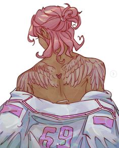 the back of a person with pink hair and wings on their chest, wearing a white shirt