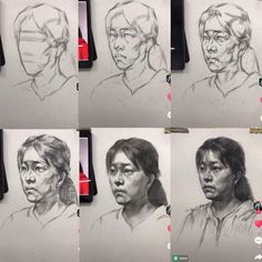 four different pictures of the same woman's face in various stages of drawing with pencil