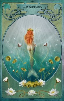 a painting of a mermaid with long red hair and flowers in her hands, surrounded by water lilies