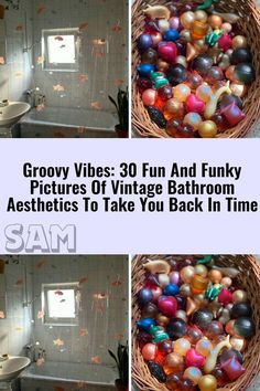 three pictures of bathroom with bathtub and sink filled with glass marbles in them