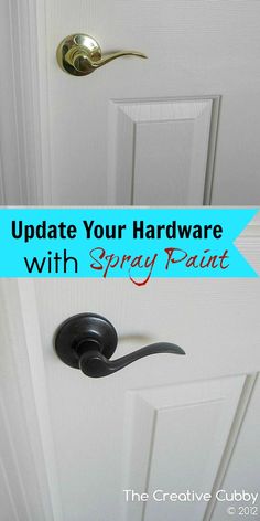 an open door with the words update your hardware with spray paint on it and below