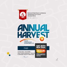 the annual harvest flyer is shown in blue and orange, with an image of a red banner